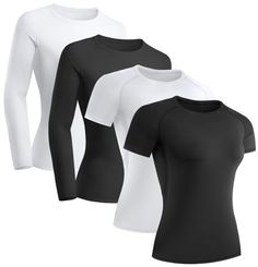 three women's long sleeved t - shirts in black, white and grey