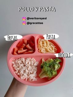 a person holding a pink plate with different foods in it