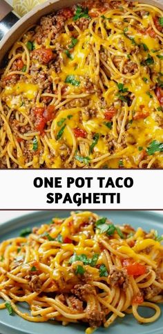 one pot taco spaghetti is shown in two different pictures