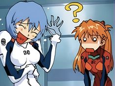 two anime characters standing next to each other with question marks above their heads in front of them