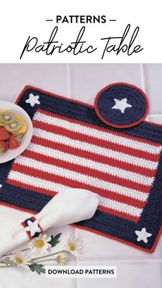 an american flag placemat with plates and utensils on the table next to it