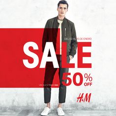 a man standing in front of a red and white background with the words sale 50 % off