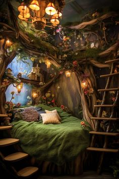 a bed with green sheets and pillows in a tree house like room that has stairs leading up to the ceiling