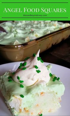 a piece of cake with green sprinkles on it next to a casserole dish