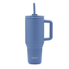 the blue travel mug has a handle on it