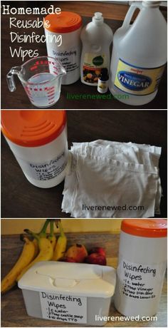 the ingredients to make homemade disinfecting wipes are shown in three pictures