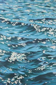 a painting of blue water with white bubbles in the middle and an ocean wave coming towards it