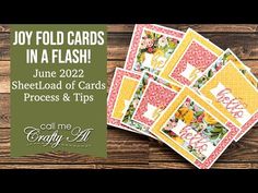 the joy fold cards in a flash are displayed on a wooden surface with text that reads joy fold cards in a flash