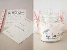 a jar with some paper straws in it next to a notepad and pen