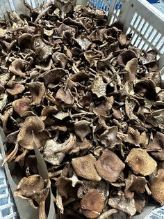 a basket full of dried mushrooms sitting on top of a table