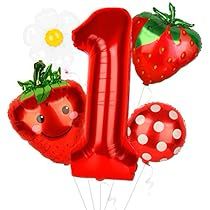 the number one balloon is decorated with strawberries and polka dot balloons, including a strawberry