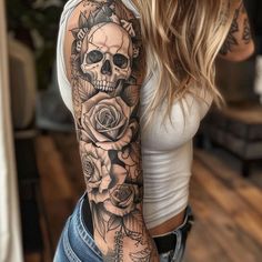 Premium Sleeve Tattoos For Women Tattoo Files Women’s Sleeve Tat, Skull Arm Sleeve Tattoos For Women, Woman’s Arm Sleeve, Tattoos For Sleeves For Women, Men Tattoo Ideas Sleeve Inspiration, Women’s Half Sleeve, Peony Shoulder Tattoos For Women, Woman Bicep Tattoo, Skull Sleeve Tattoos For Women