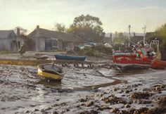 a painting of boats in the mud near houses and water with people walking on it