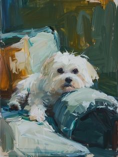 a painting of a white dog sitting on a chair with its head resting on the armrest