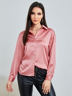 Coral Pink Elegant  Long Sleeve Satin Plain Shirt  Non-Stretch Spring/Fall Women Tops, Blouses & Tee Pink Satin Blouse For Night Out, Trendy Pink Satin Top, Fitted Pink Satin Blouse, Long Sleeve Pink Satin Top, Pink Silk Button-up Blouse, Classic Outfit