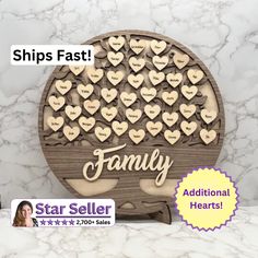 a wooden sign with hearts on it that says, ships fast family and additional hearts