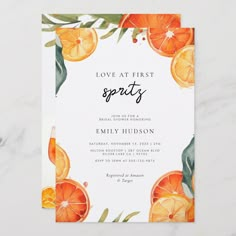 an orange themed party card with the words love at first spirits