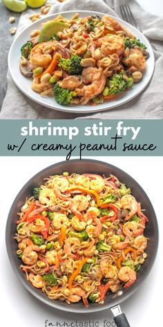 shrimp stir fry with creamy peanut sauce in a skillet