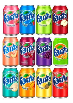 six cans of fanta fruit flavored sodas in various colors and flavors, each with