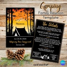 the camping family reunion flyer is shown with pine cones and an image of a tent