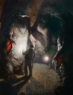 two people standing next to each other in front of a giant creature with glowing eyes