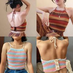 two pictures of a woman with her back to the camera and wearing a colorful top