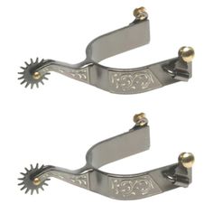 two metal handles with decorative designs on them