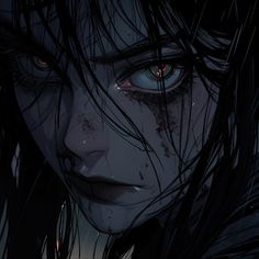 an evil looking woman with red eyes and long black hair is staring into the distance