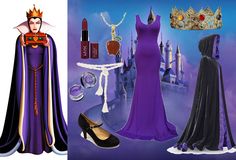 the evil queen costume is purple and has black trim on it, along with other items