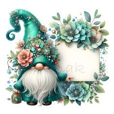 a gnome holding a sign with flowers and leaves on it's head, in front of