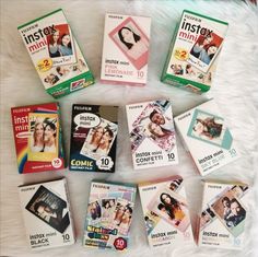 the contents of an instagram mini album are laid out on a white furnishing