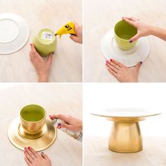 the process to make a gold and white cake stand with green frosting on top