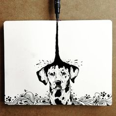 a black and white drawing of a dalmatian dog with an upside down head