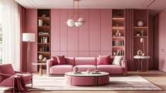 a living room with pink furniture and bookshelves on the walls, along with a rug