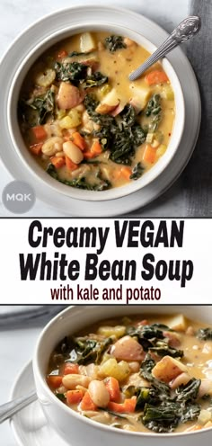 two bowls of creamy vegan white bean soup with kale and potato on the side