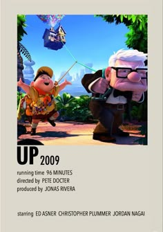 the movie poster for up 2009 with two animated characters flying kites in the air