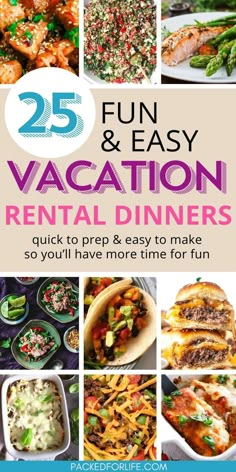 Nine vacation rental dinnersl tacos, sliders, chicken bake, casseroles, taco & quinoa salad, chicken stirfry. Easy Cottage Meals, Beach Dinner Recipes, Vacation Dinner Ideas, Beach Day Food, Family Fun Dinner