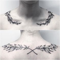 two pictures of a woman's neck and chest with leaves on the top left side