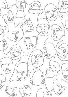 a large group of faces drawn in black and white, with one line on the face