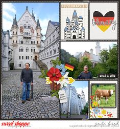 a man standing in front of a castle with lots of pictures on it's side