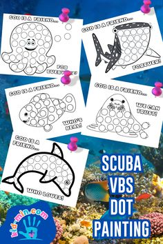 four pictures of different types of sea animals with the words scuba vbs dot painting on them