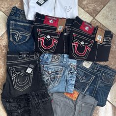 Lil Promo, Trues All New Right Out The Box ( If You’re Not Willing To Spend Good Money Don’t Bother Sending Offers ) All Size 34 Red Trues Are 36 But Fit Like 34. All Jeans Are Pretty Expensive So Keep That In Mind, All Shipped Same Day If Purchased Before 6pm, If Over 6pm Shipped Next Day. Feel Free To Send Offers Or Questions. Jeans And Hoodie, All Jeans, Rock Revival Jeans, Puff And Pass, Low Rider, True Religion Jeans, Night Aesthetic, Red Hoodie, Rock Revival