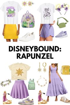 Here are some great inspiration outfits if you want to go Disneybounding as Rapunzel in the Magic Kingdom - or anywhere in Walt Disney World! Tangled Rapunzel Disneybound, Simple Disney Inspired Outfits, Rapunzel Outfit Ideas Disney, Disney World Outfits Magic Kingdom, Disney Bounding Ideas Couples, Rapunzel Disney Bound Outfits, Rapunzel Disney Bounding, Modern Day Rapunzel Outfit, Disneyland Cute Outfits