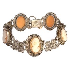 Antique Cameo Panel Silver Bracelet Filigree Italy 800 Marked Little Chain That Connect Bracelet's Ends When Opened Seems To Be Gold, But Not Sure. Beautiful Piece Of Art Has Tarnish Left After Cleaning See Condition On Photos. Keeping In A Clean Smoke Free Home. Jewelry Antique, Chain Links, Womens Jewelry Bracelets, Chain Link, Gold Chain, Antique Jewelry, Gold Chains, Silver Bracelet, Art Pieces