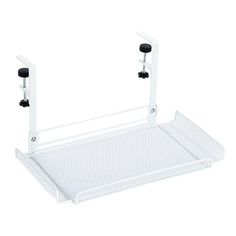 a white shelf with two black handles and one is attached to the back of it