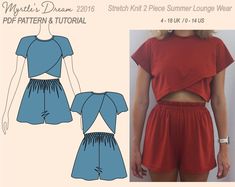 a woman's top and shorts sewing pattern with the front cut out to show her waist