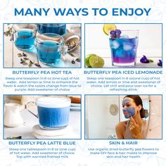 many ways to enjoy butterfly pea iced lemonade, buttery pea latte blue, skin and hair