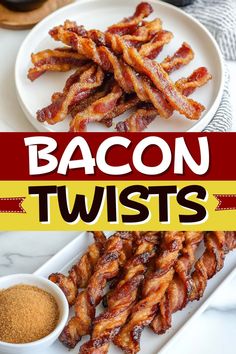 bacon twists on a white plate next to a bowl of seasoning