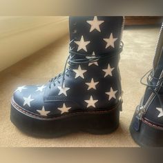 R13 Double Stack Platform Star Boots. Rare Find. Size 37. Worn Once. Glamrock Freddy, Star Boots, Moto Boots, Limited Time, Combat Boots, Blue White, Color Blue, Size 7, Blue And White