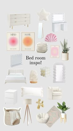 a collage of white furniture and decor with the words bed room inspo on it